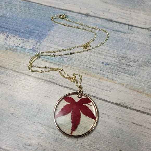 Gold Necklace with Red Leaf Pendant - Picture 7 of 7